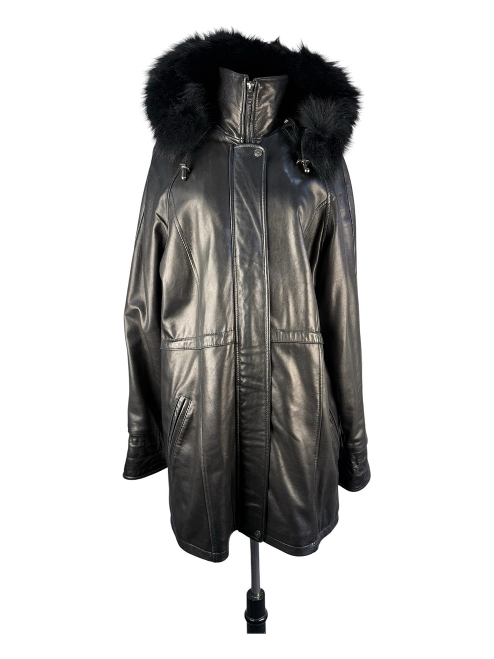 Knoles & Carter Women's Italian Black Lamb Leather Parka Cinch Waist Fur Trim L